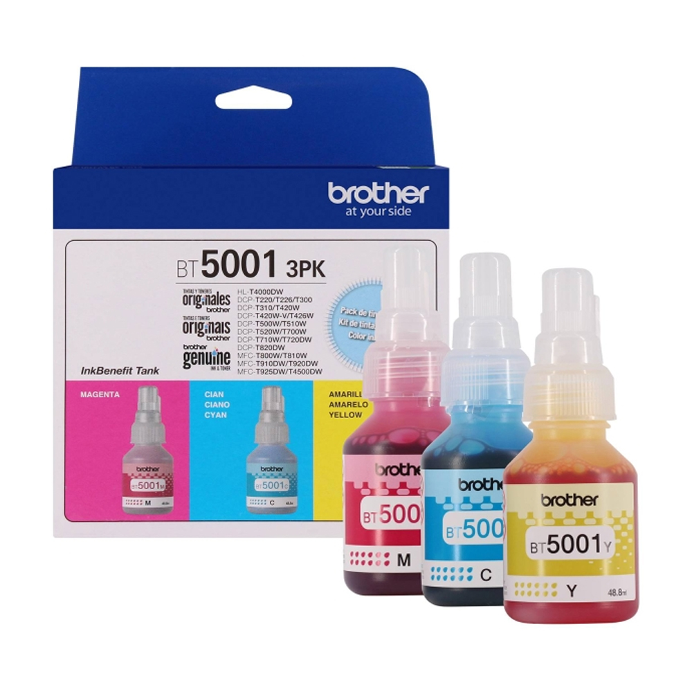 El Pack de 3 Tintas Brother BT5001-3PK en cyan, magenta y amarillo ofrece colores intensos y una duración excepcional.